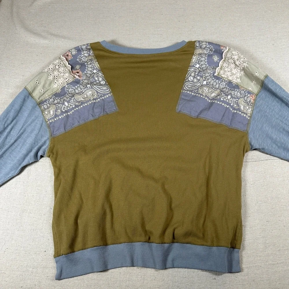 Free People We The Free XS Olive Green Patchwork Eyelet Thermal Top Feelin‎ It
